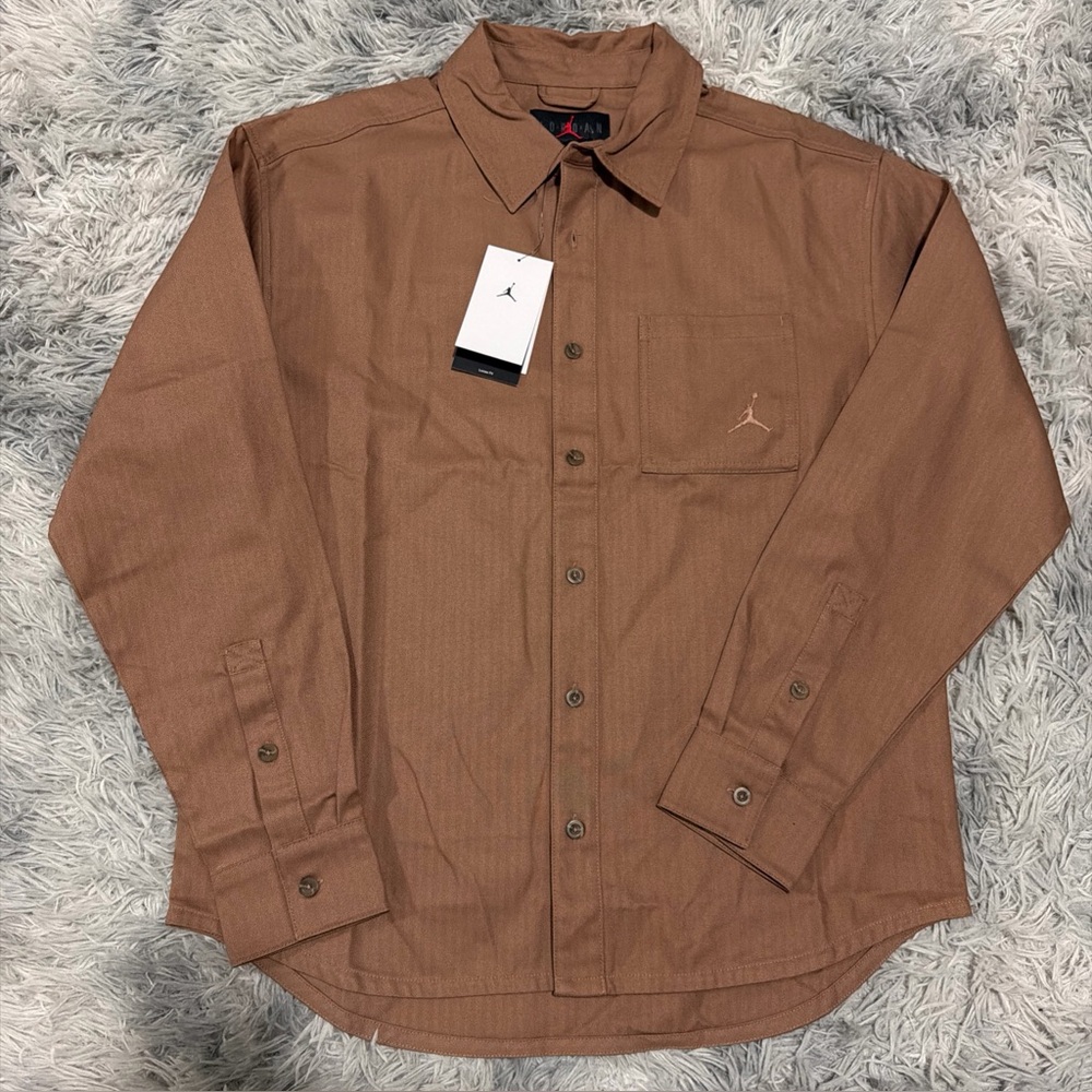 Air Jordan Essentials Button Down Shirt Brown Long Sleeve Men's Size Small NEW